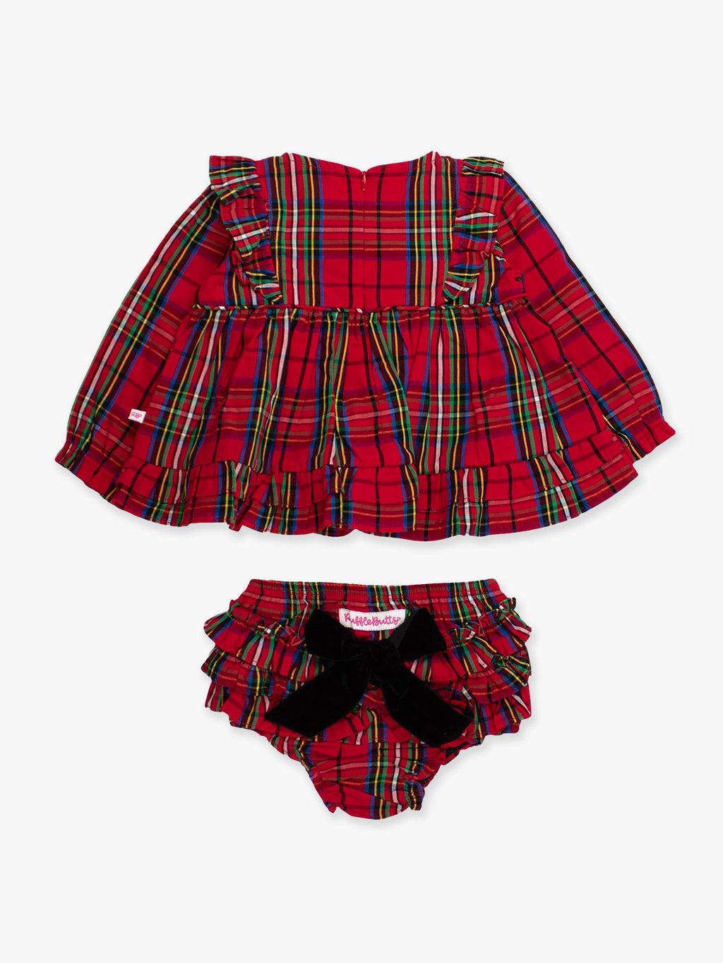 Baby Girls Red Nicholas Plaid Woven Long Sleeve Waterfall Bow Swing Top & Ruffle Bloomer Set