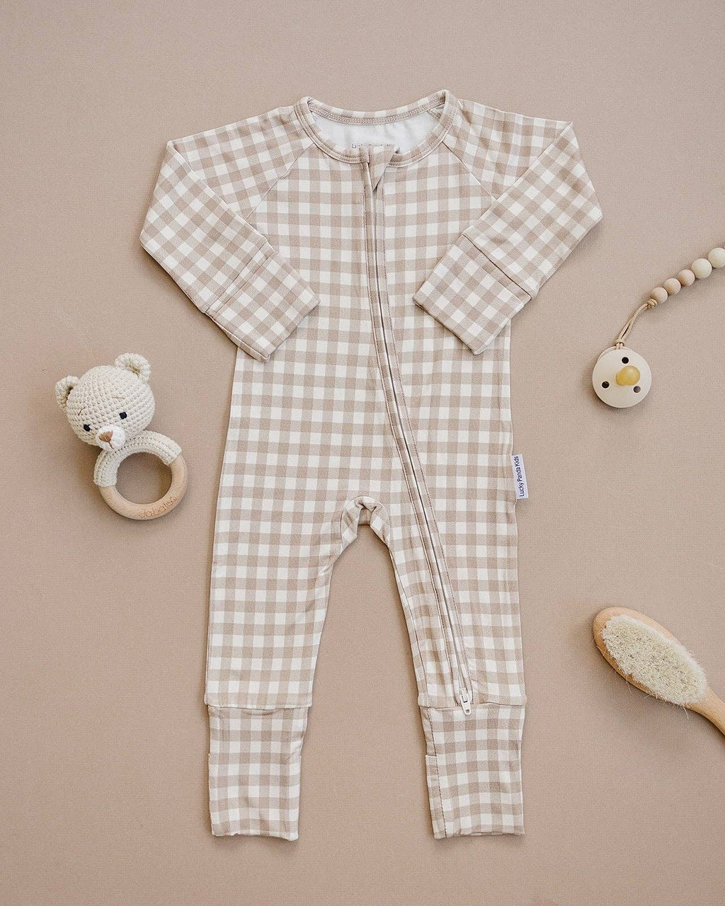 Bamboo Zip Romper | Beige Gingham