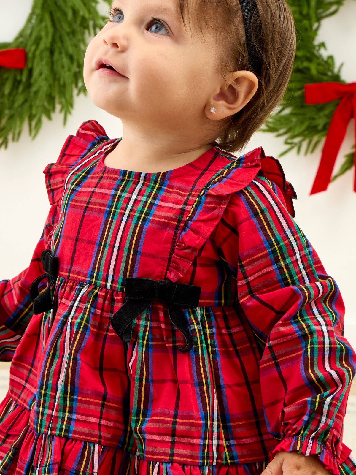 Baby Girls Red Nicholas Plaid Woven Long Sleeve Waterfall Bow Swing Top & Ruffle Bloomer Set