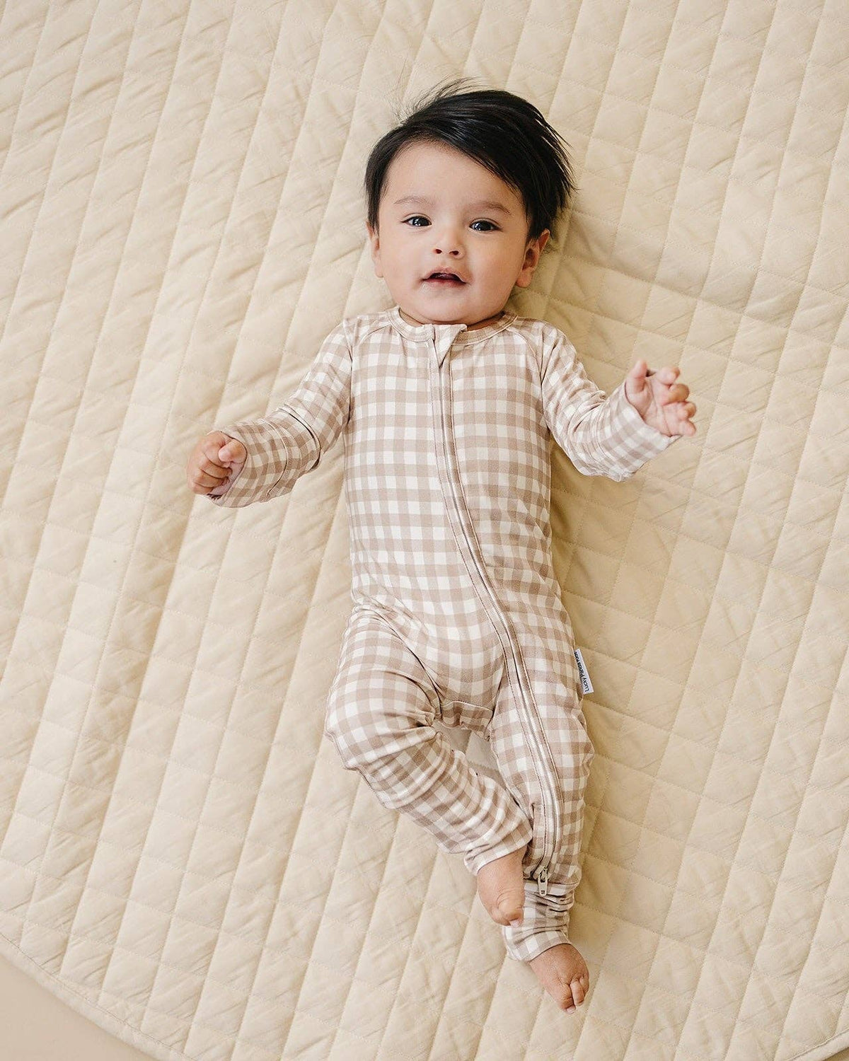 Bamboo Zip Romper | Beige Gingham