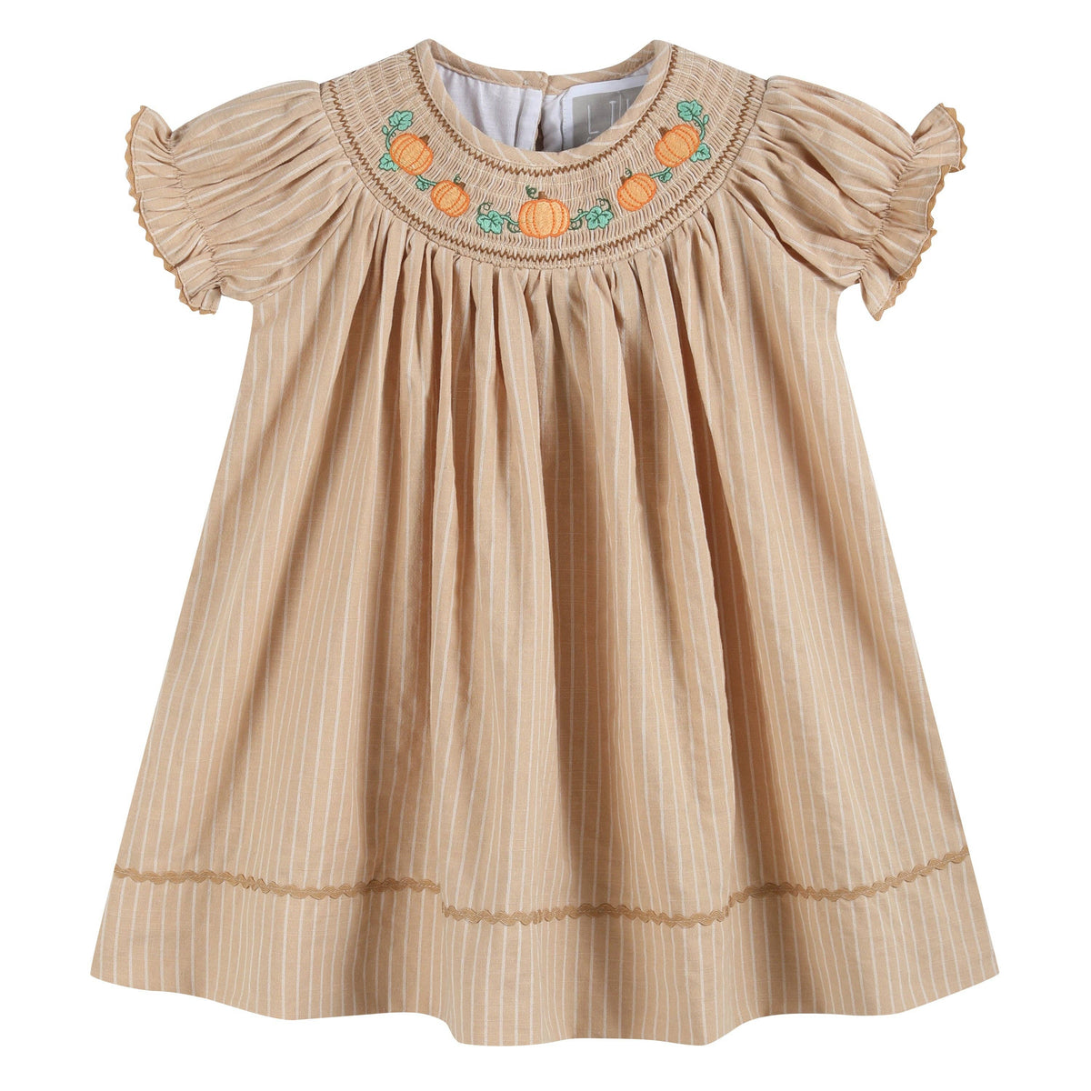 Light Brown Pinstripe Pumpkin Smocked Bishop Dress