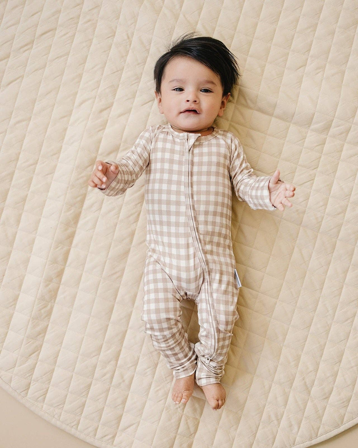 Bamboo Zip Romper | Beige Gingham