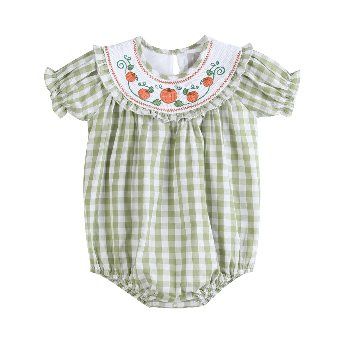 Sage Green Gingham Pumpkin Smocked Romper