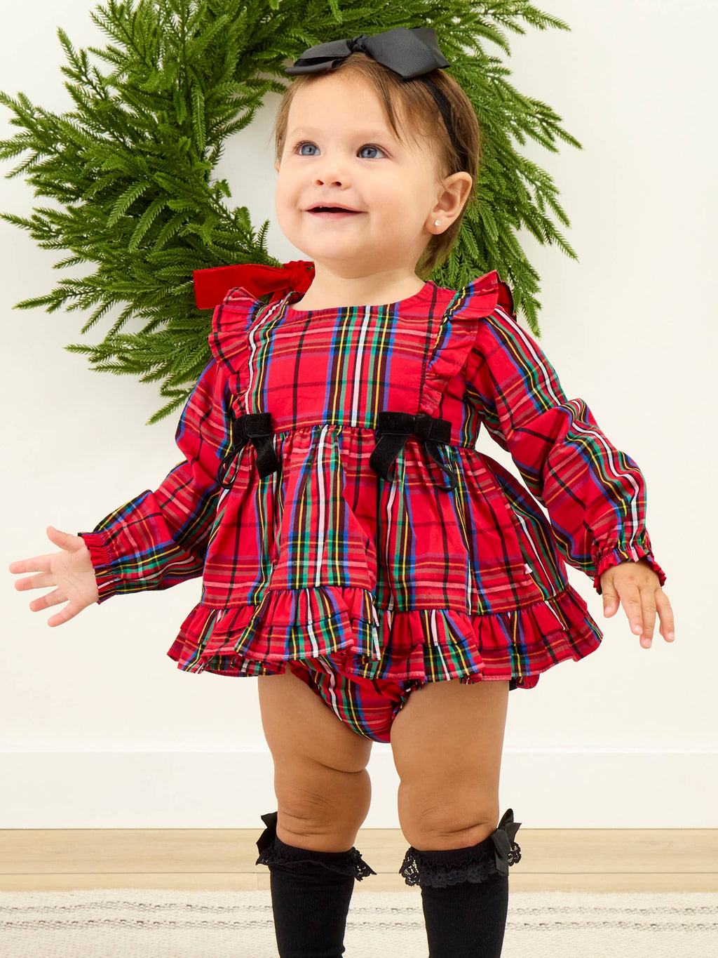 Baby Girls Red Nicholas Plaid Woven Long Sleeve Waterfall Bow Swing Top & Ruffle Bloomer Set