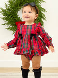 Baby Girls Red Nicholas Plaid Woven Long Sleeve Waterfall Bow Swing Top & Ruffle Bloomer Set