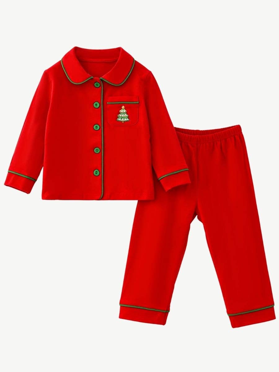 Christmas Tree Embroidered Sibling Pajama Set