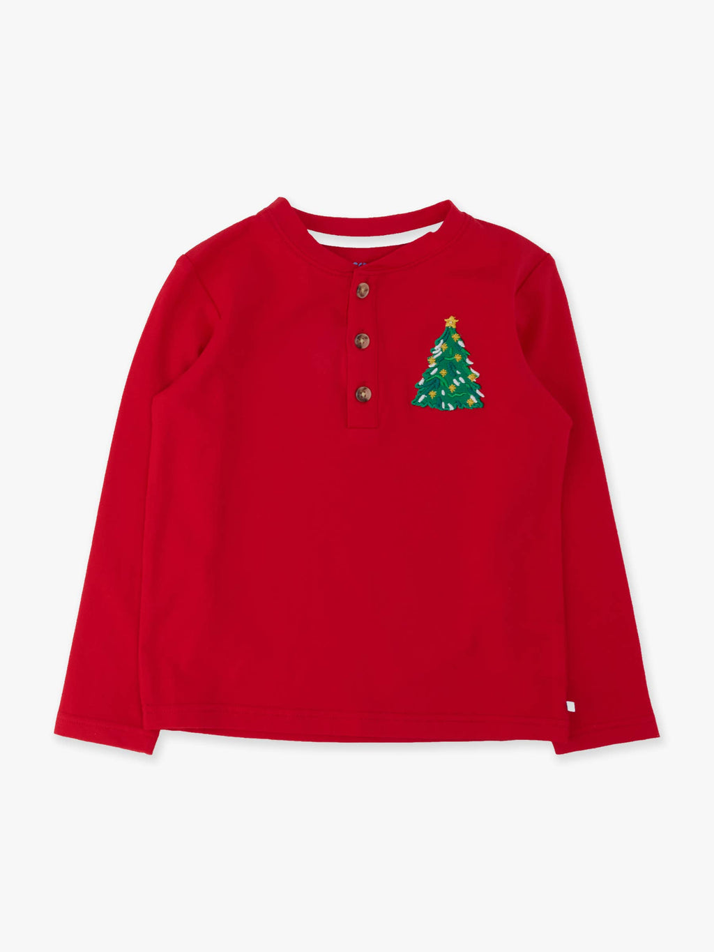 Boys Christmas Tree Red Knit Long Sleeve Embroidered Henley Tee: Red