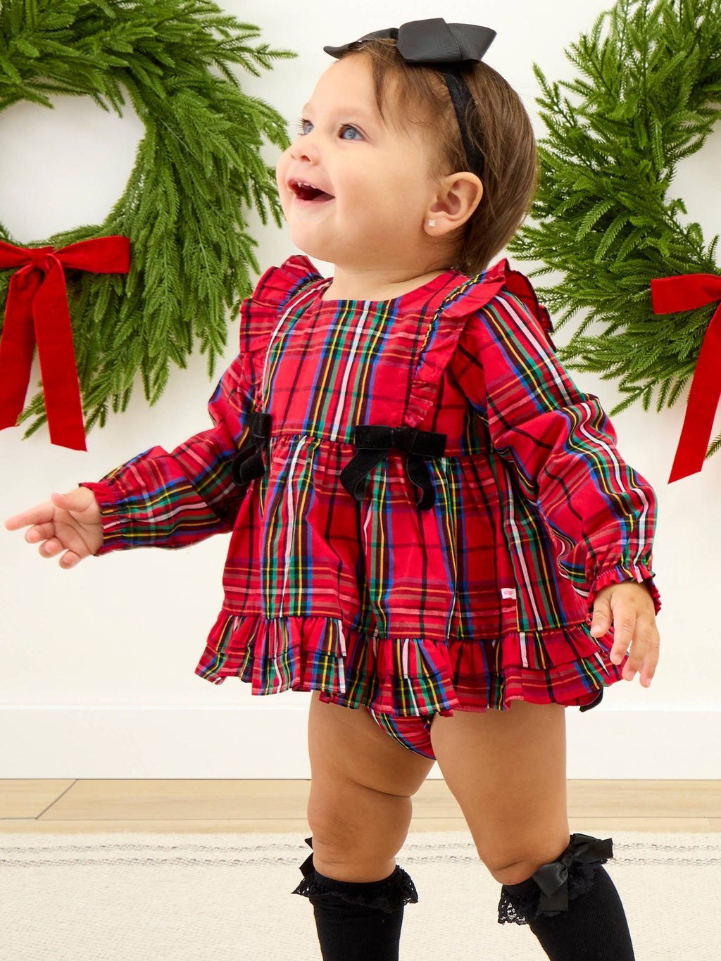 Baby Girls Red Nicholas Plaid Woven Long Sleeve Waterfall Bow Swing Top & Ruffle Bloomer Set