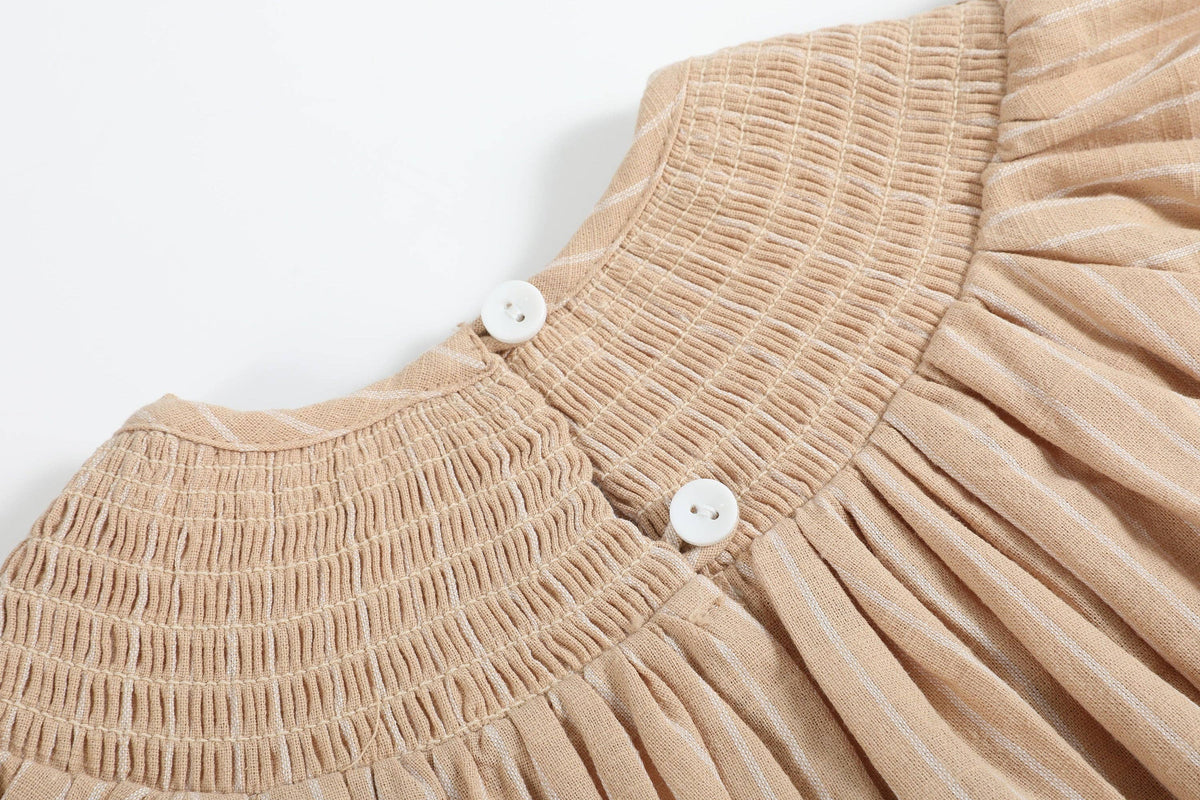 Light Brown Pinstripe Pumpkin Smocked Bishop Dress