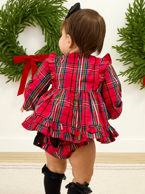 Baby Girls Red Nicholas Plaid Woven Long Sleeve Waterfall Bow Swing Top & Ruffle Bloomer Set