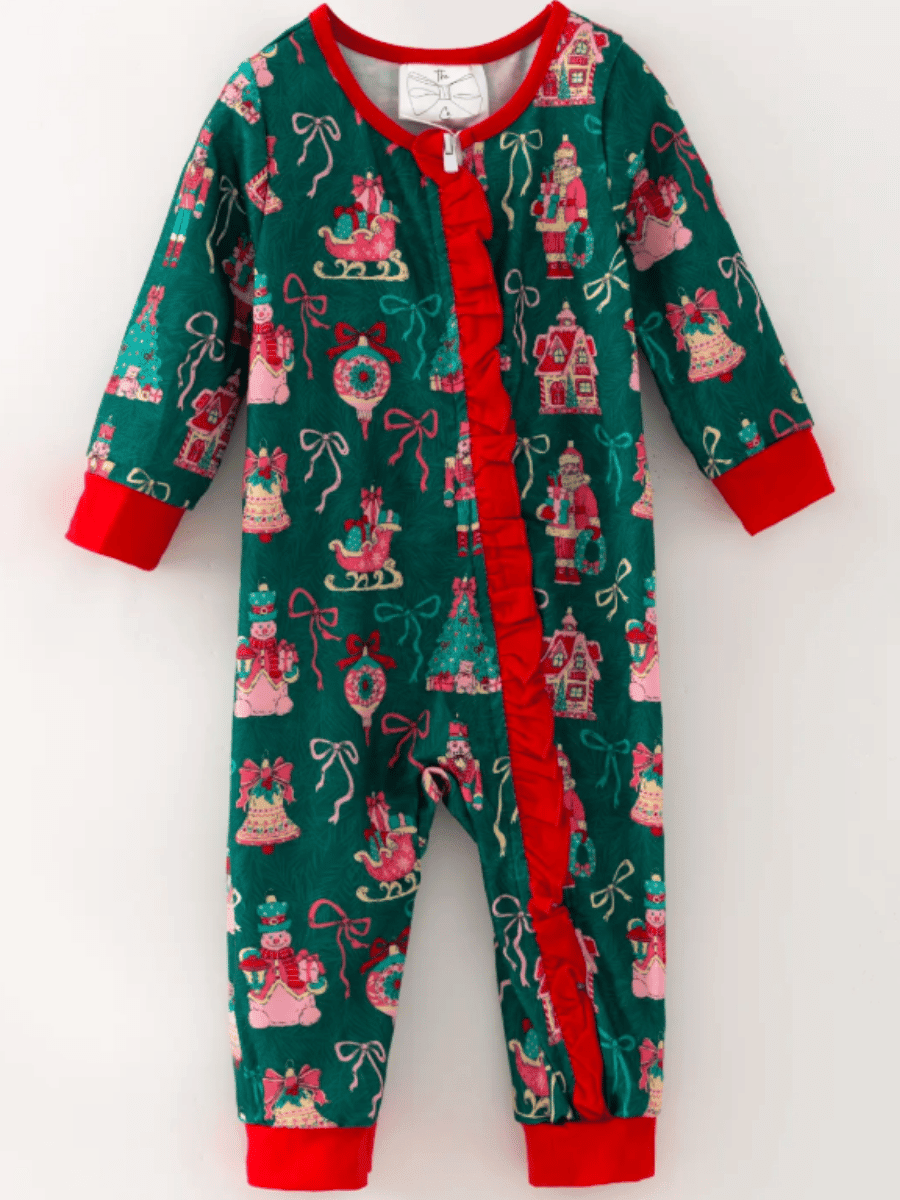 Baby Vintage Christmas Print Ruffle Applique Romper