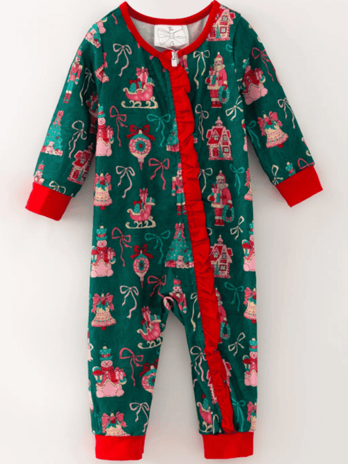 Baby Vintage Christmas Print Ruffle Applique Romper