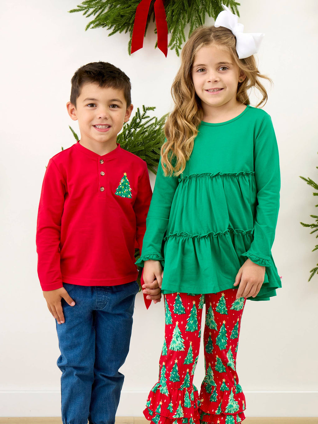 Boys Christmas Tree Red Knit Long Sleeve Embroidered Henley Tee: Red