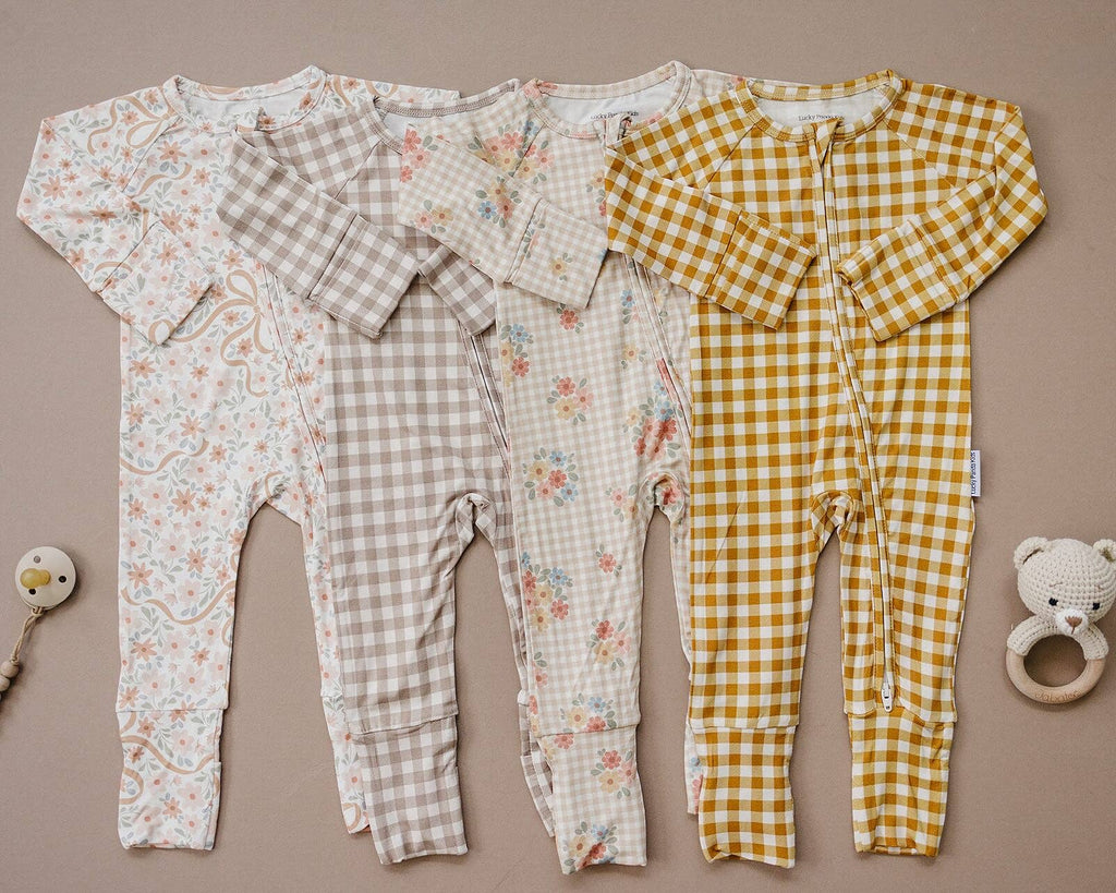 Bamboo Zip Romper | Beige Gingham