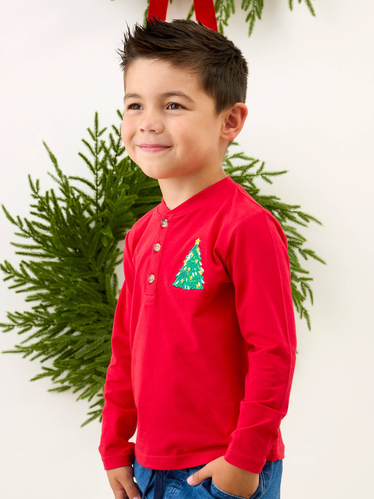 Boys Christmas Tree Red Knit Long Sleeve Embroidered Henley Tee: Red