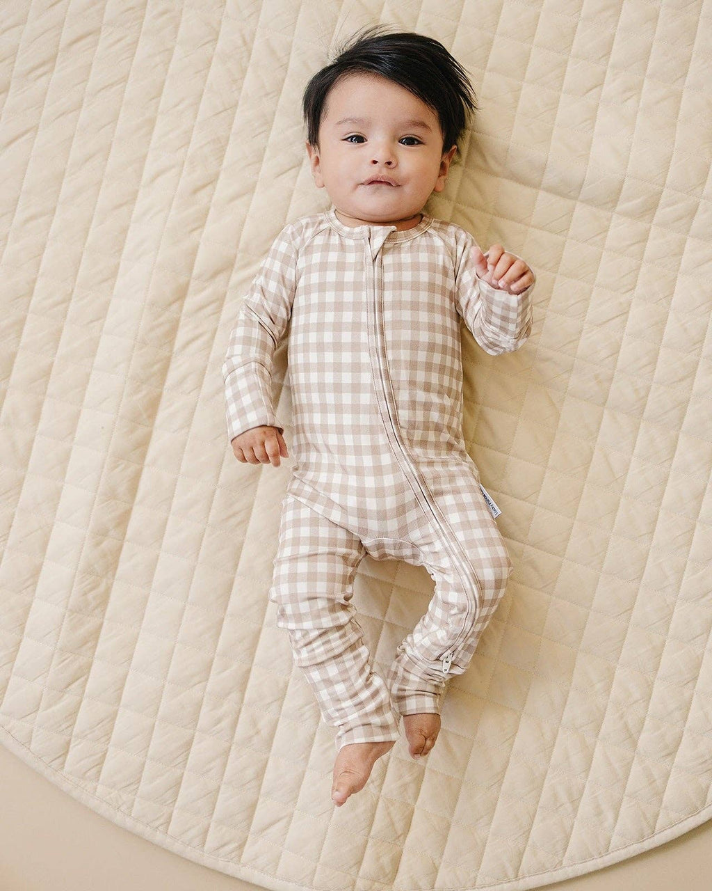Bamboo Zip Romper | Beige Gingham
