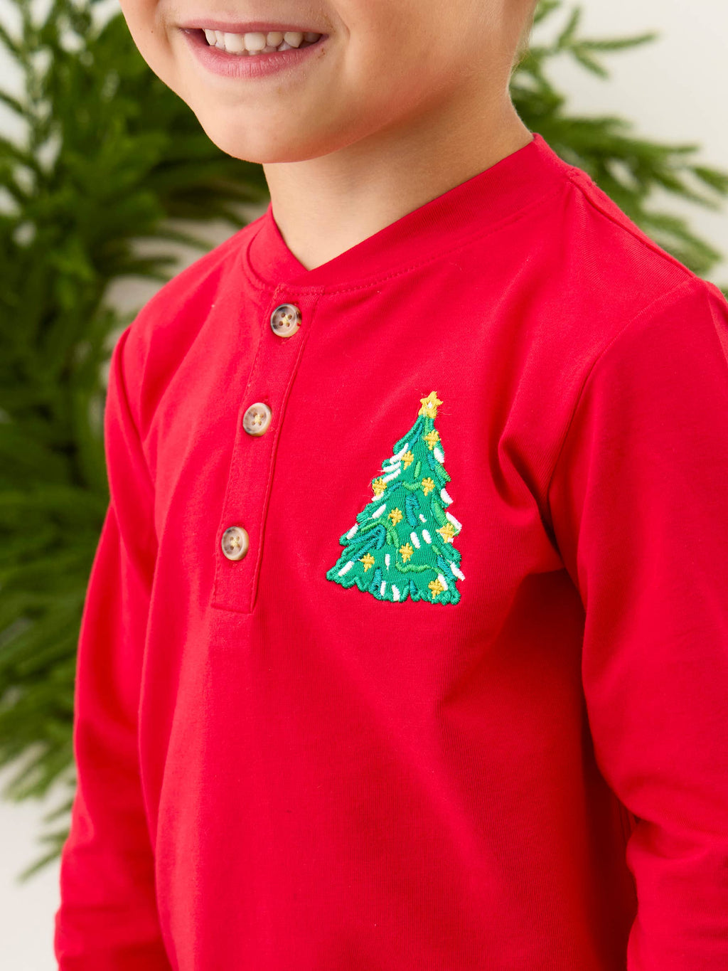 Boys Christmas Tree Red Knit Long Sleeve Embroidered Henley Tee: Red