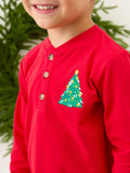 Boys Christmas Tree Red Knit Long Sleeve Embroidered Henley Tee: Red