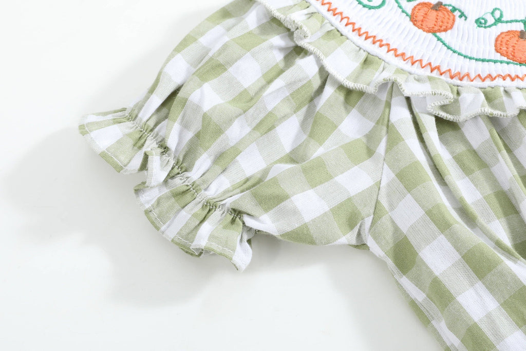 Sage Green Gingham Pumpkin Smocked Romper