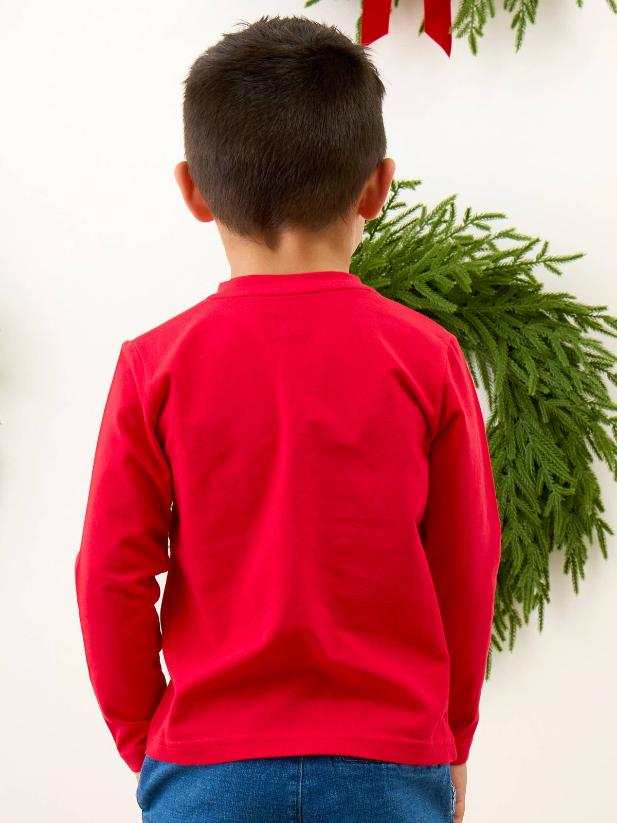 Boys Christmas Tree Red Knit Long Sleeve Embroidered Henley Tee: Red
