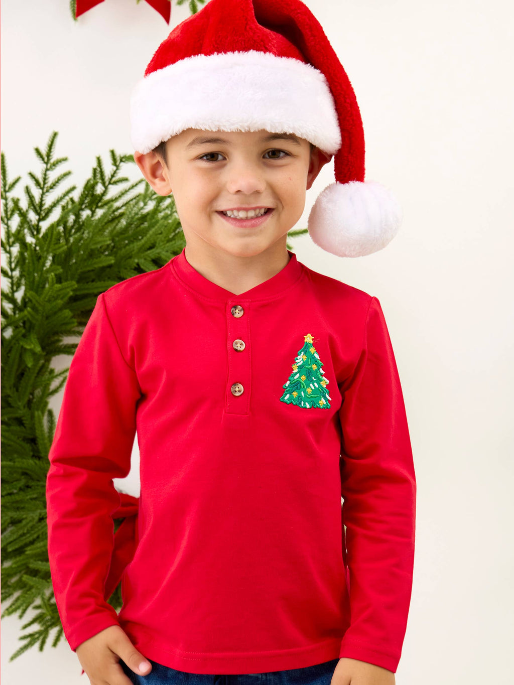 Boys Christmas Tree Red Knit Long Sleeve Embroidered Henley Tee: Red