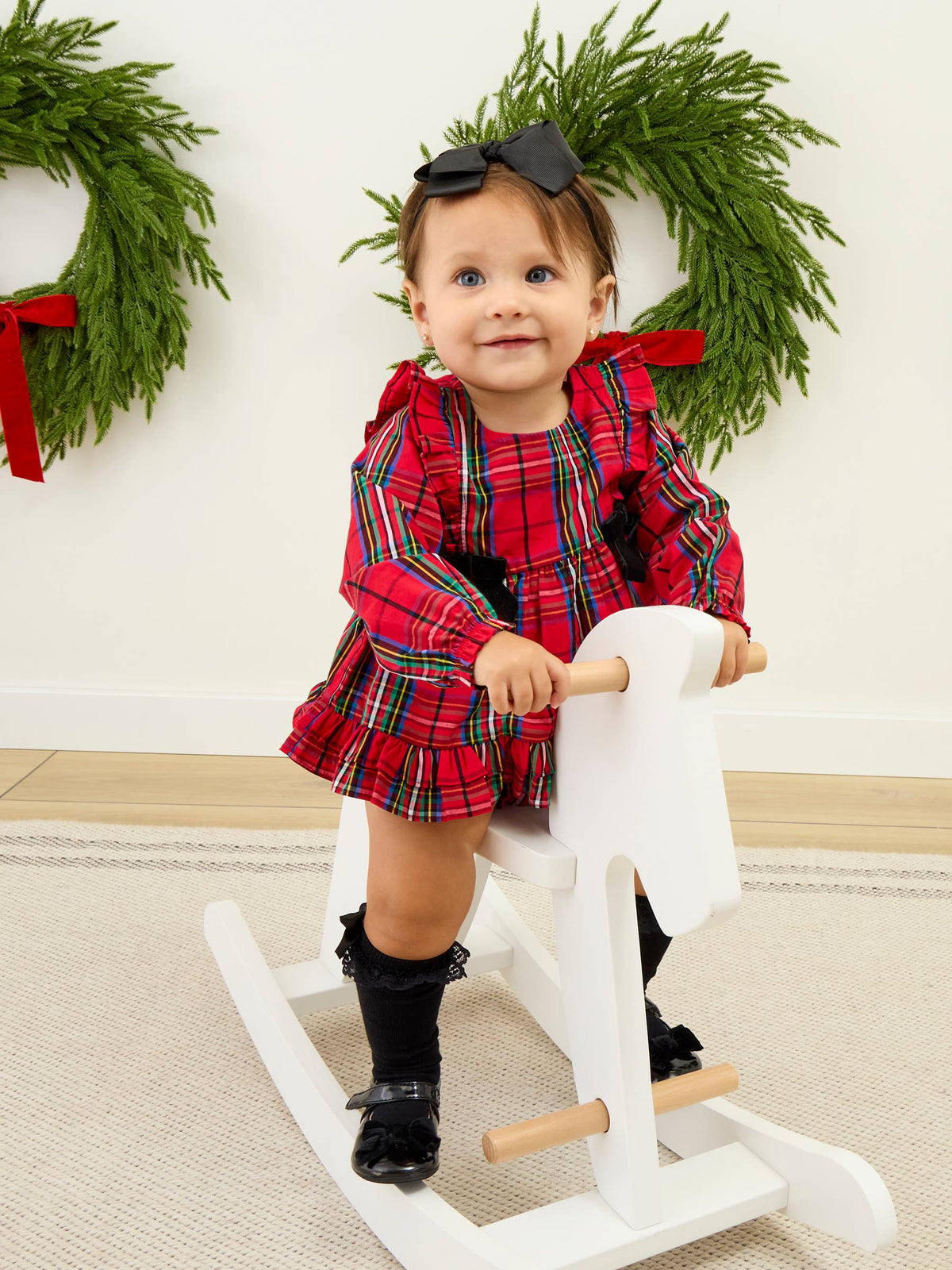 Baby Girls Red Nicholas Plaid Woven Long Sleeve Waterfall Bow Swing Top & Ruffle Bloomer Set