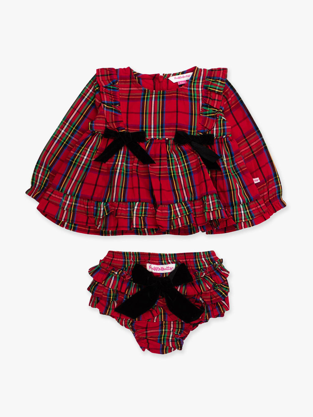Baby Girls Red Nicholas Plaid Woven Long Sleeve Waterfall Bow Swing Top & Ruffle Bloomer Set