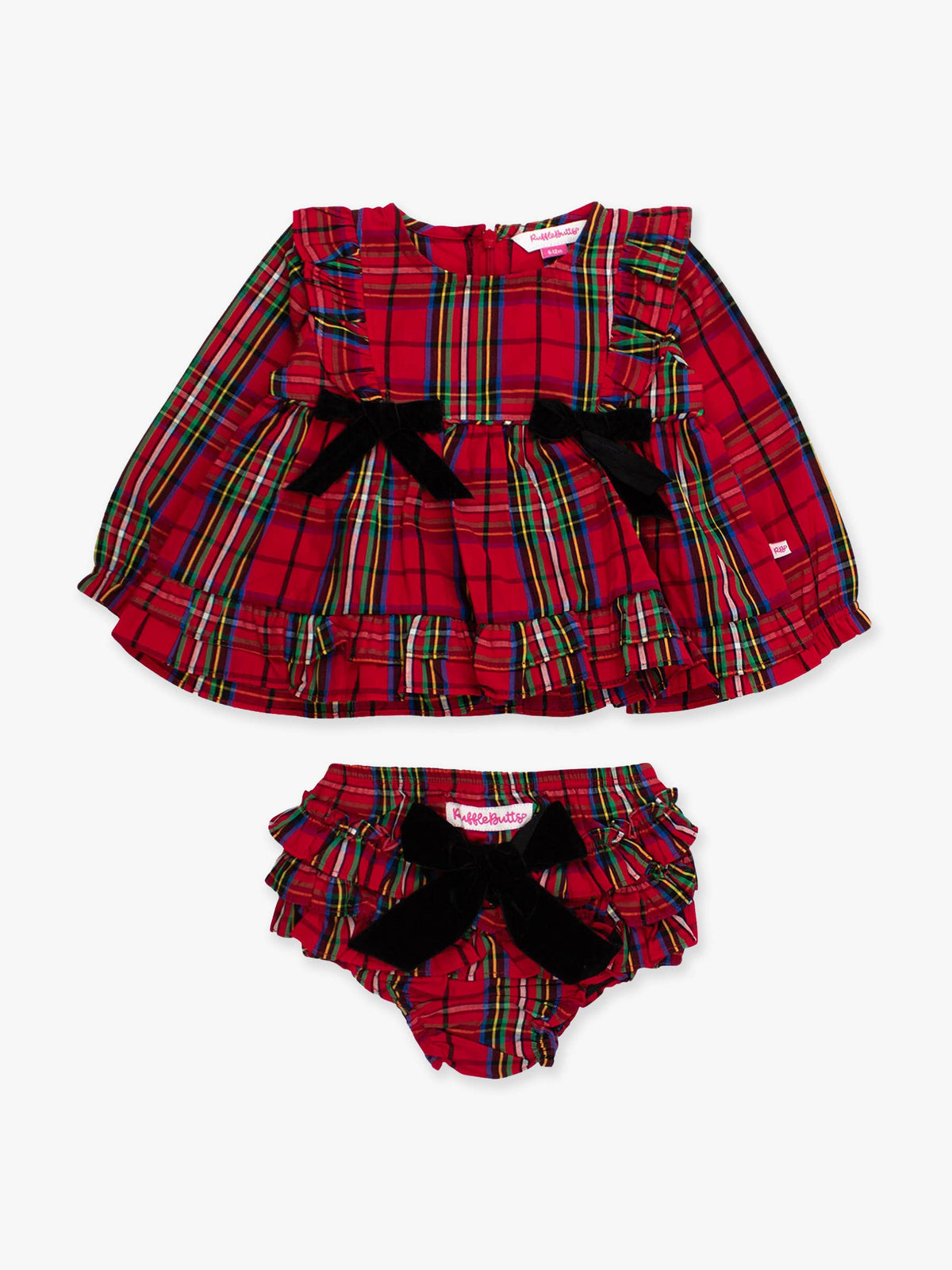 Baby Girls Red Nicholas Plaid Woven Long Sleeve Waterfall Bow Swing Top & Ruffle Bloomer Set